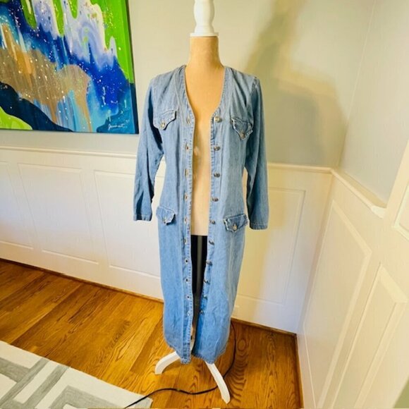 Vintage 90s Button-Up Denim Maxi Dress / Retro 90s Lead Front Button XS/S - Picture 6 of 7